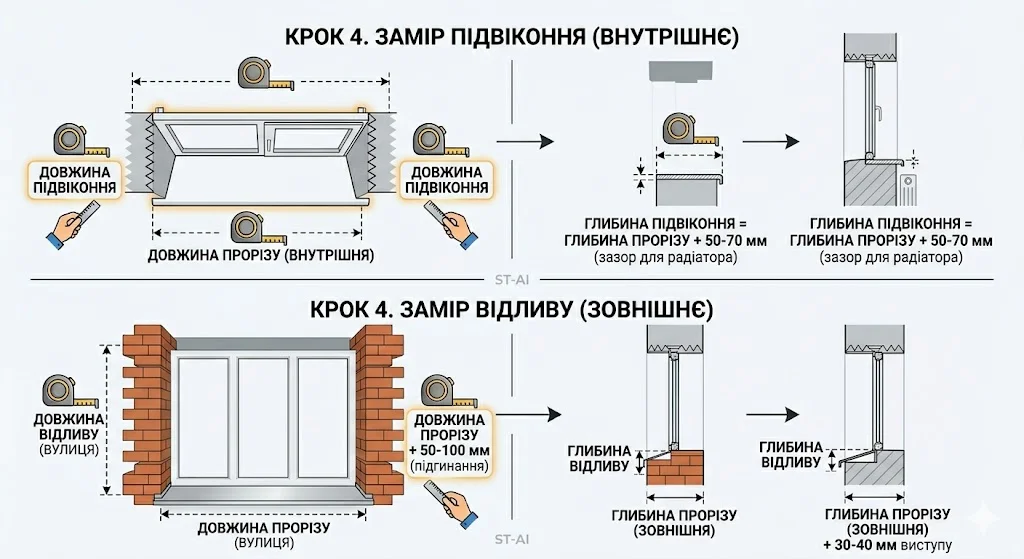 Замір підвіконня та відливу.