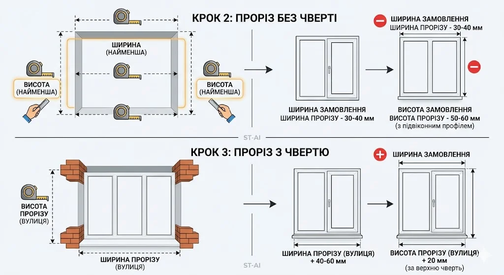Замір вікна без чверті та з четвертю.
